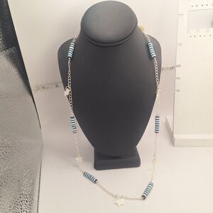 Silvertone,Blue, Mother Of Pearl Star Beaded Necklace 29in - Mbarnes Barnes